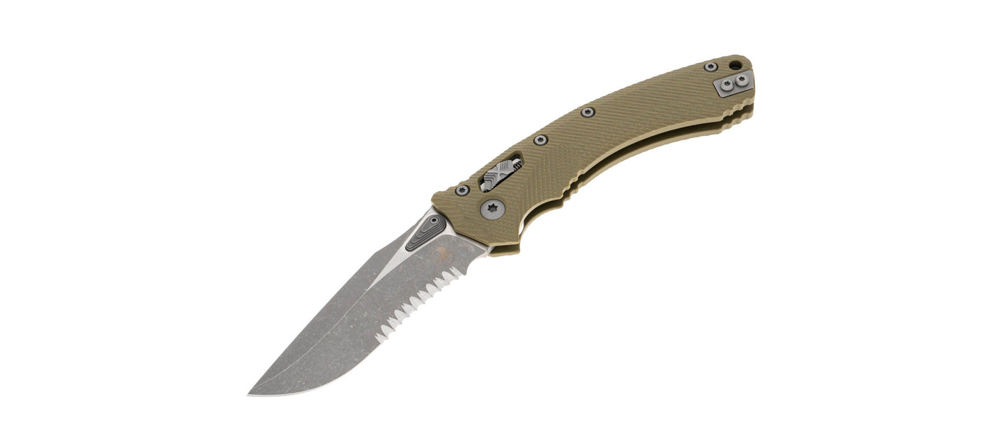 Microtech Amphibian RAM-LOK Fluted OD Green Apocalyptic Partial Serrated Folding Knife