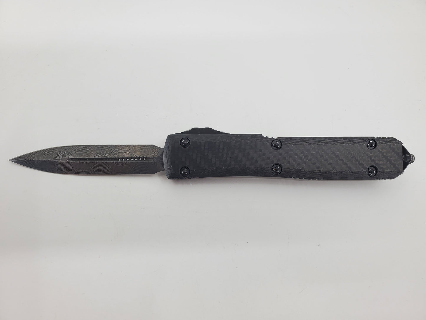 *Consignment* Microtech Ultratech D/E Damascus CF Front Plate Standard Out the Front Knife