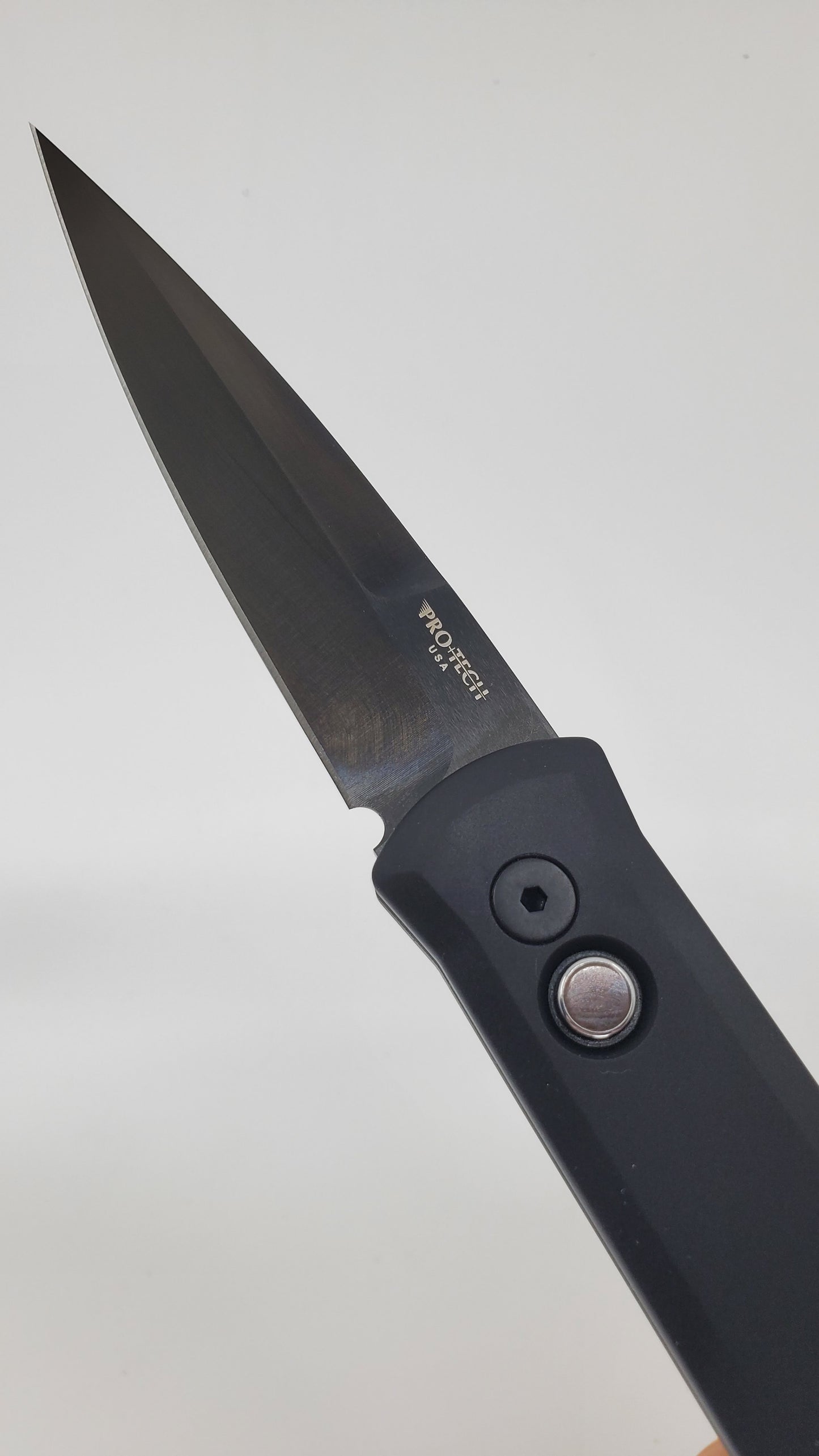 Protech Dark Godfather Black Lip Pearl Button DLC Satin Blade Auto Folding Knife