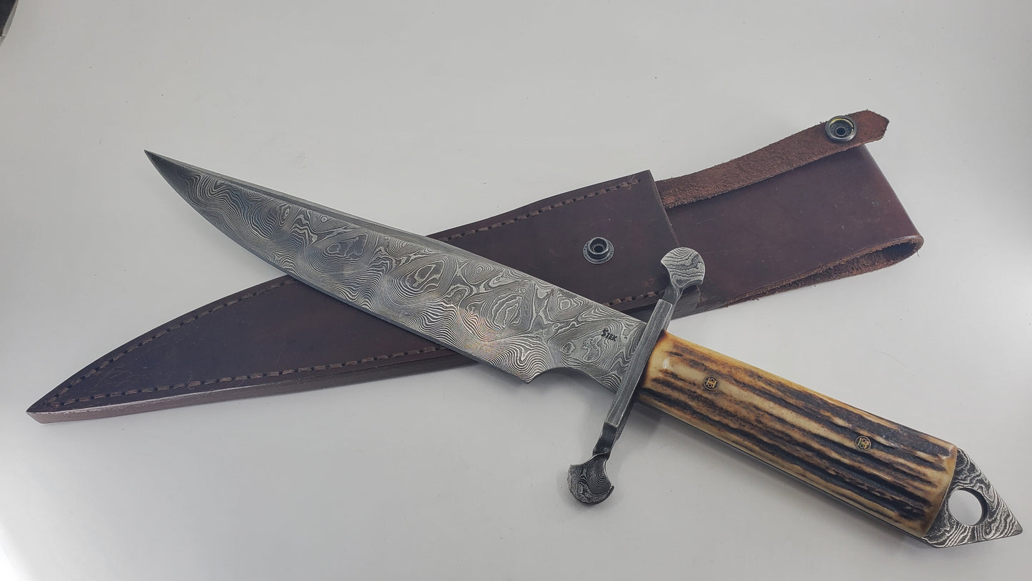 Stek Knives Damascus Stag 2001 Fixed Blade Knife