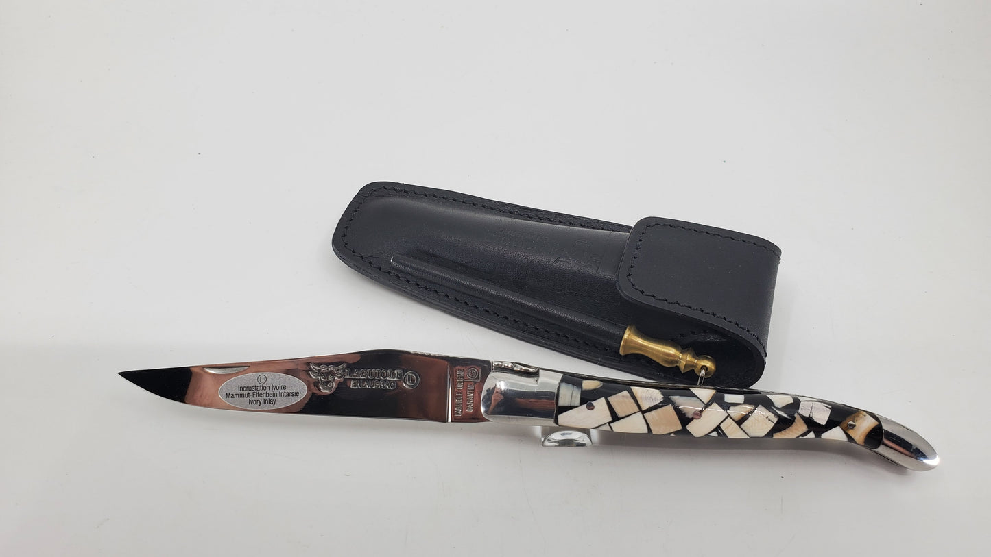 Laguiole Knives Mammoth Ivory Inlay Folding Knife w/ Leather Case