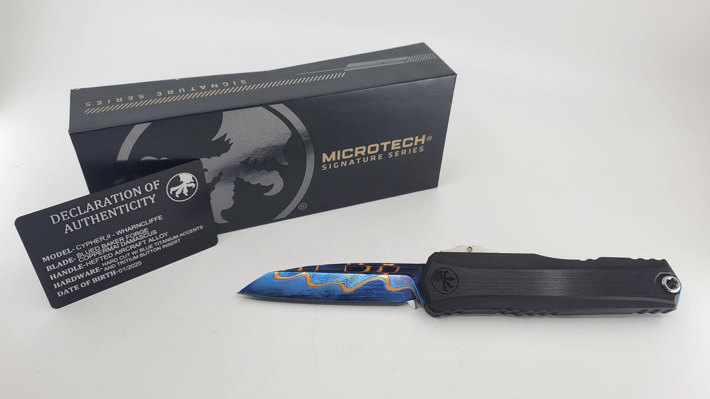 Microtech Cypher II Wharncliffe Marfione Select Blued Coppermai Damascus Out the Front Knife