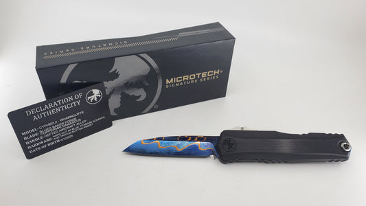 Microtech Cypher II Wharncliffe Marfione Select Blued Coppermai Damascus Out the Front Knife