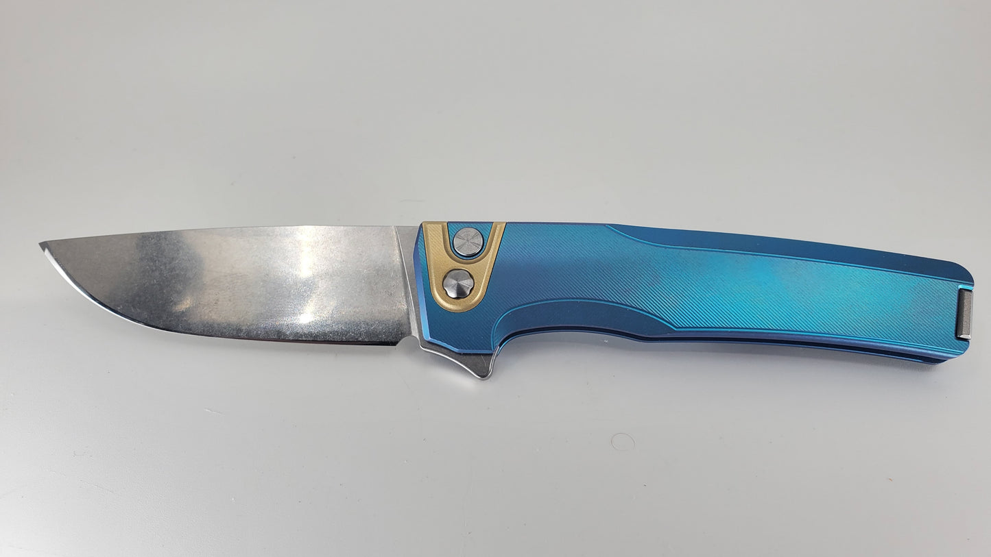 MachineWise Sonora E-Blue (CPM 20CV | Brass Bolster | Fine Step) Buttonlock Folding Knife *BLEM*