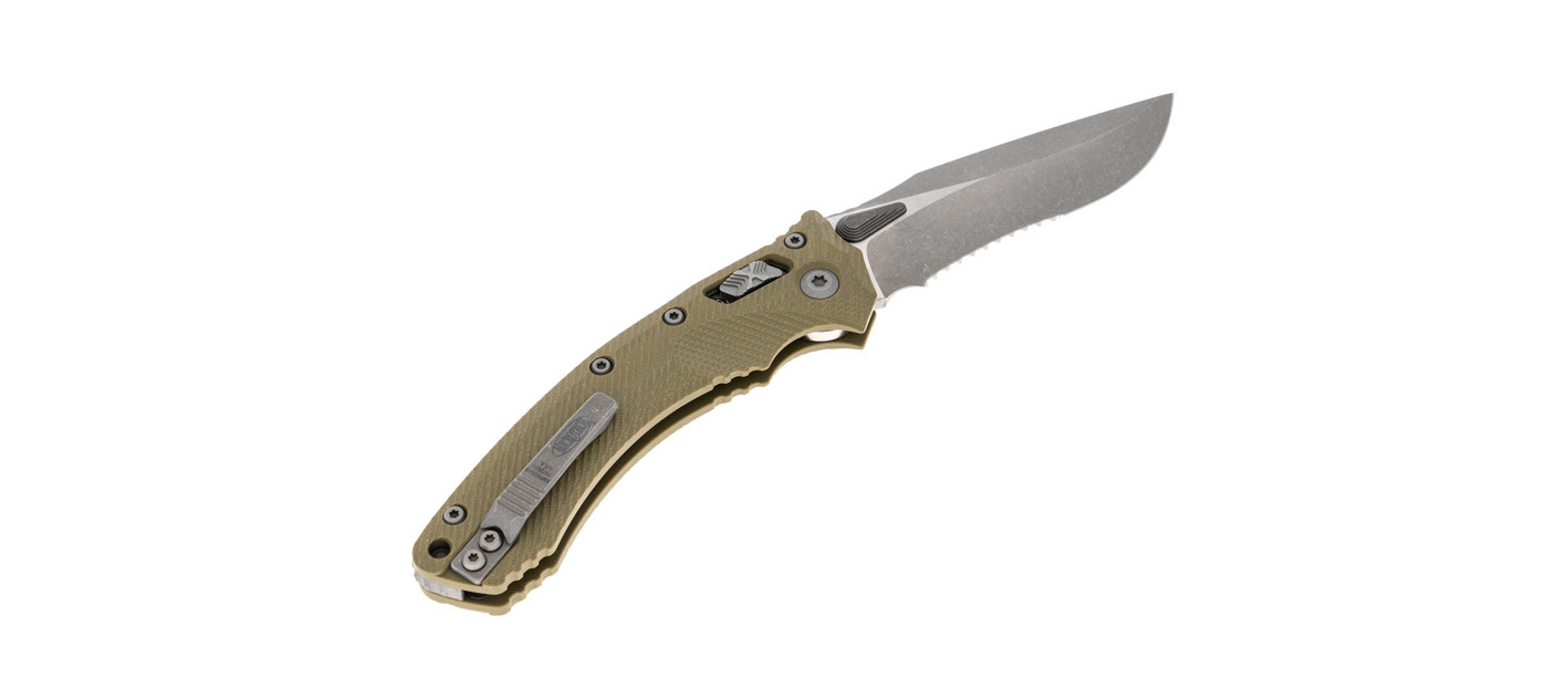 Microtech Amphibian RAM-LOK Fluted OD Green Apocalyptic Partial Serrated Folding Knife