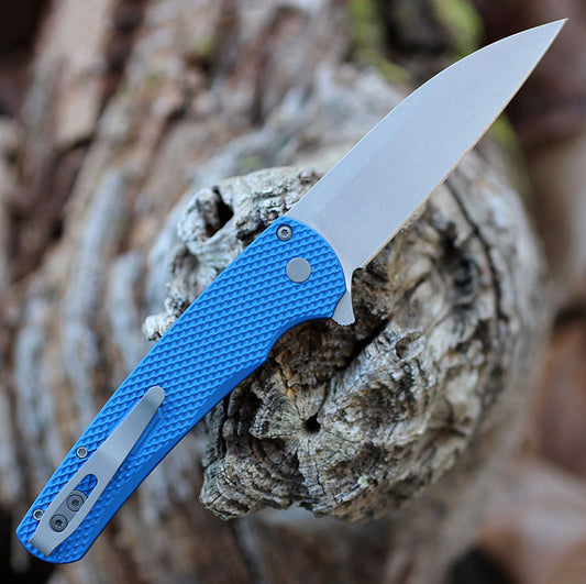 Protech Malibu Flipper Blue Textured Handle Stonewash Magnacut Wharncliffe Blade