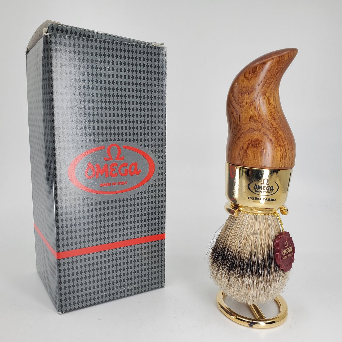 Omega Pure Badger Shaving Brush w/ Curled Wood Handle & Metal Stand