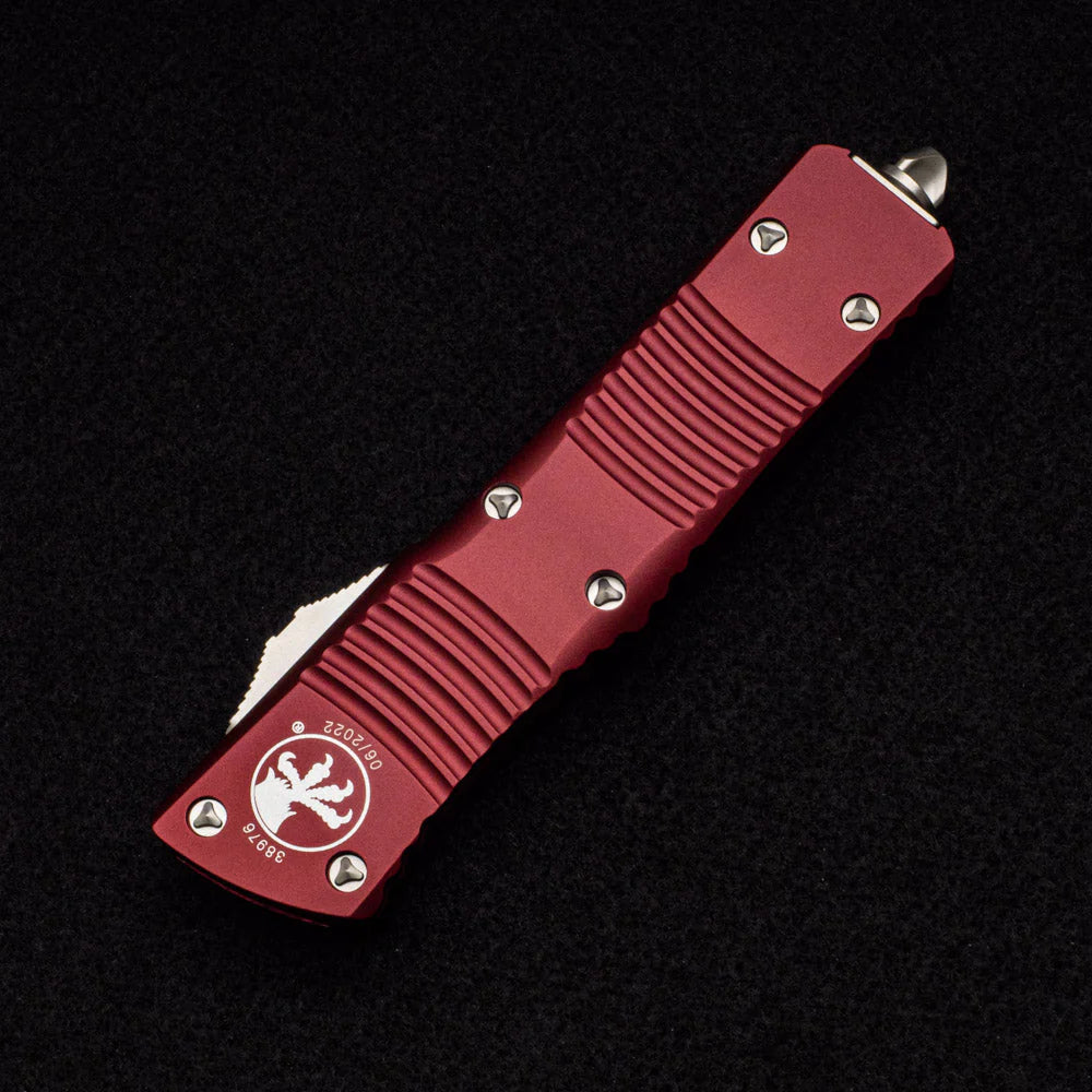 Microtech Combat Troodon Double Edge Merlot Stonewash Full Serrated Out the Front Knife