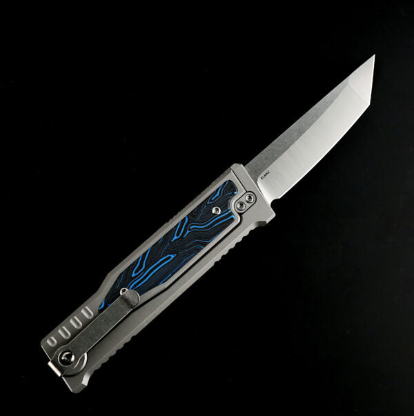 Reate EXO-M Damascus Blue Handle Design Tanto Blade Gravity Knife