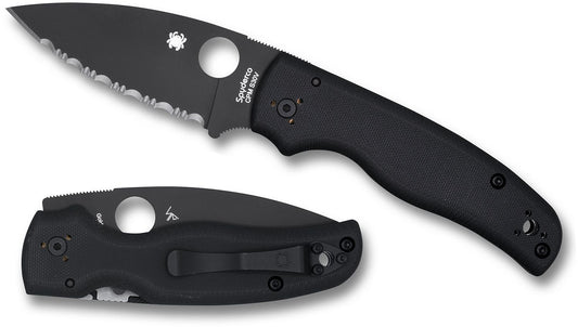 Spyderco Shaman Black Handle Serrated Stonewashed BackLinerlock Black Blade Folding Knife