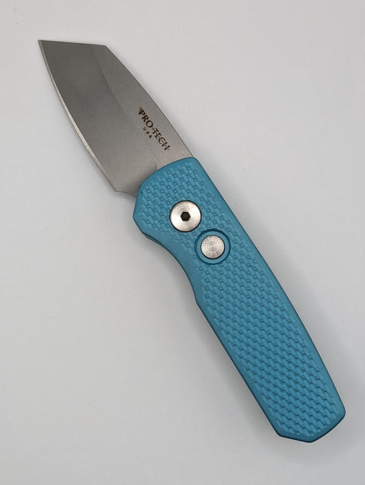 Protech Atlanta Blade Show 2024 Exclusive Runt 5 Blue Textured Handle Magnacut Reverse Tanto Auto Folding Knife