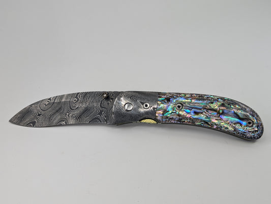 Joe Pardue Custom Damascus and Abalone Liner Lock Folding Knife