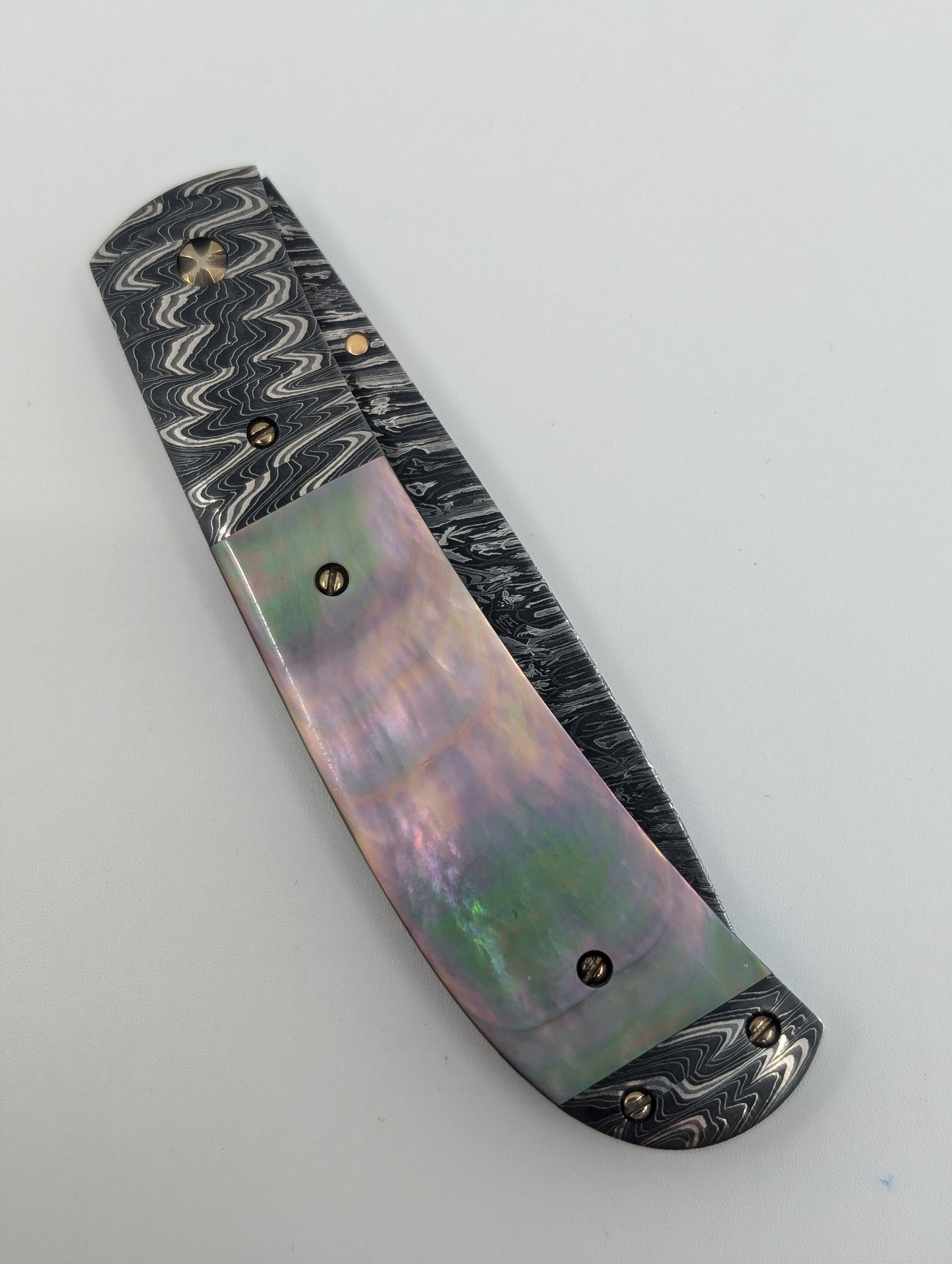 Don Hanson III Sunfish Forge Damascus Mother of Pearl Folding Knife Pre-Owned