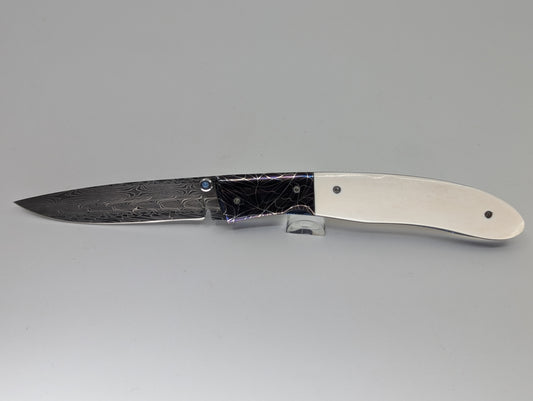 Fred Durio Damascus Drop Point Liner Lock Folding Knife