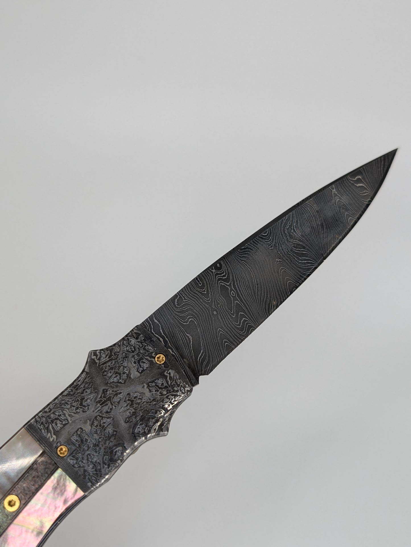 W.D. Pease Custom Damascus Blade and Bolster Mother of Pearl Handle Backlock Folding Knife