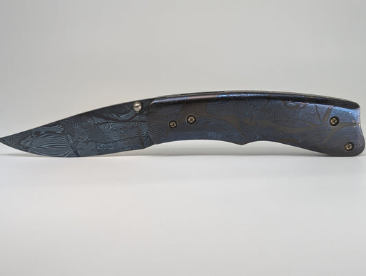 Caffrey Master Smith Custom Fossil Blue Damascus Blade and Handle Linerlock Folding Knife