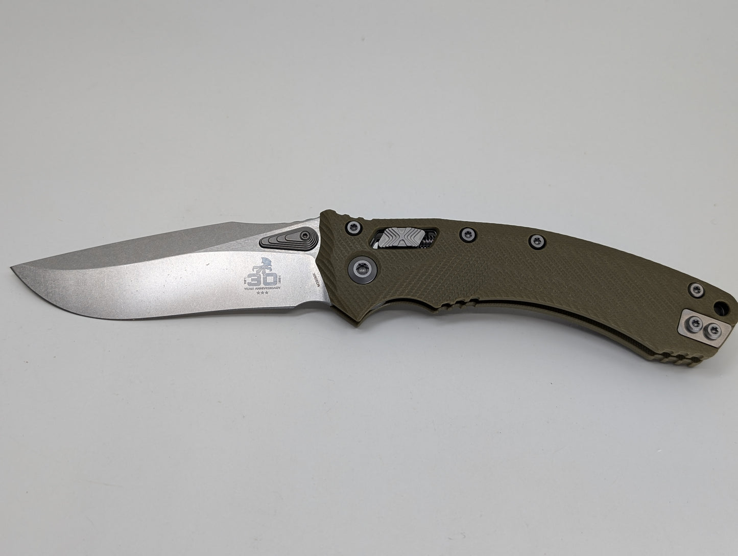 Microtech Amphibian RAM-LOK S/E 30th Anniversary Fluted G10 OD Green Stonewash Folding Knife