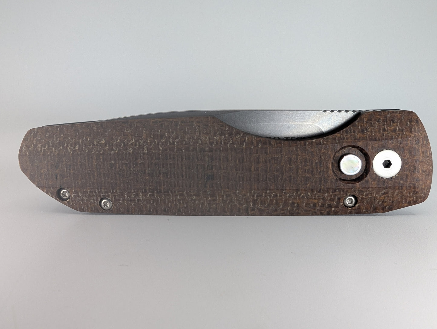 Protech Synapse Burlap Canvas Micarta Stonewash Magnacut Pearl Button Auto Folding Knife