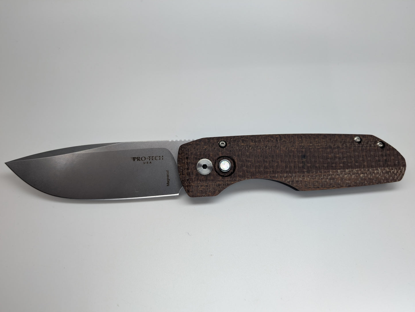 Protech Synapse Burlap Canvas Micarta Stonewash Magnacut Pearl Button Auto Folding Knife