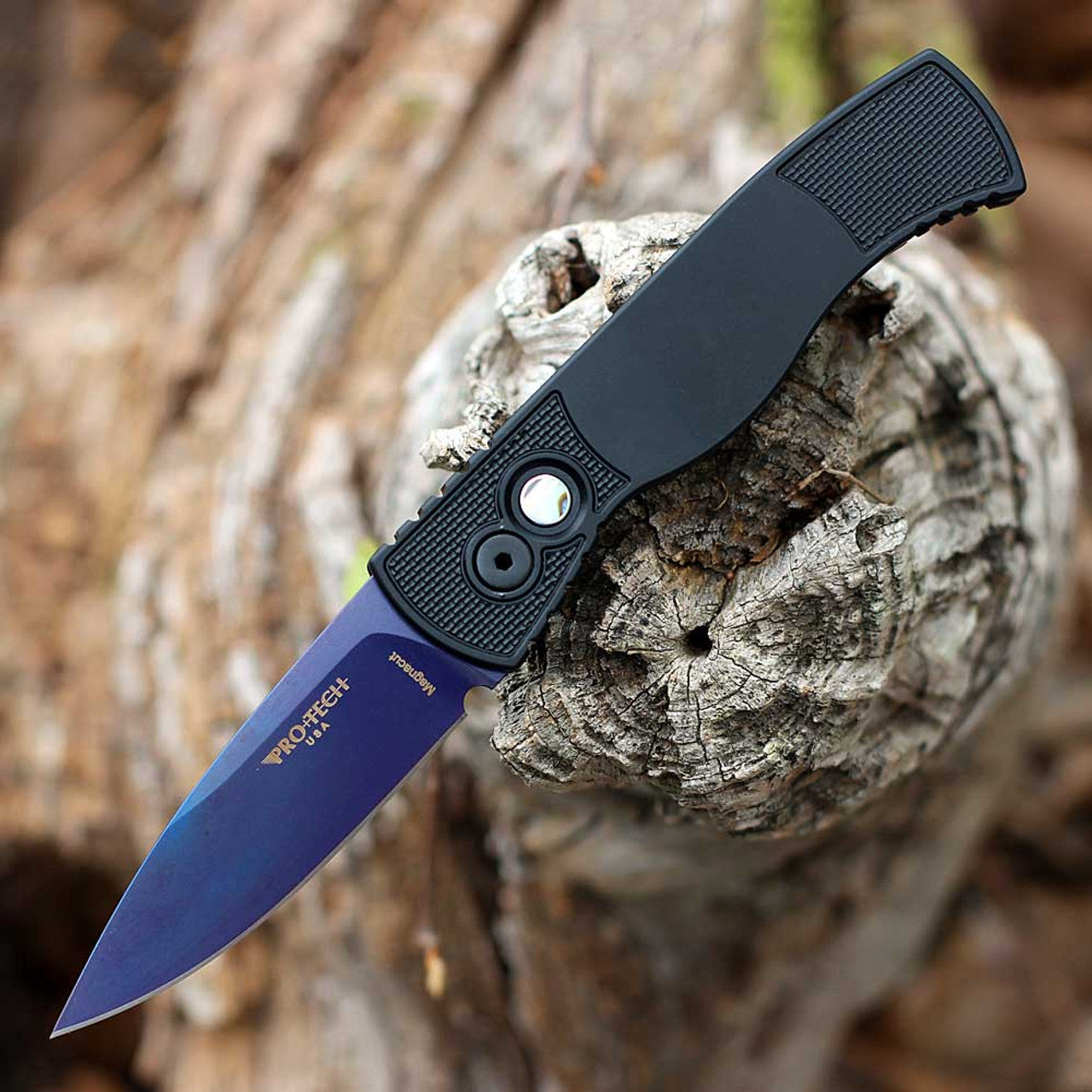 Protech Tactical Response 2 Black Handle Abalone Button Sapphire Blue Magnacut Blade