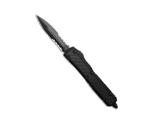 Microtech Makora D/E Tactical Partial Serrated Nickel Baron Internals CF Inlay Out the Front Knife